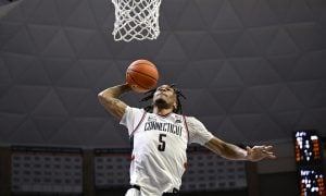 UConn Huskies basketball player Stephon Castle plays against Seton Hall in March 2024