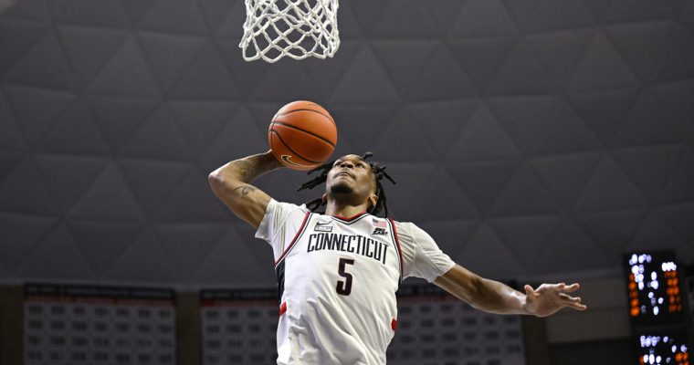 UConn Huskies basketball player Stephon Castle plays against Seton Hall in March 2024