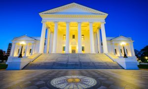 Night view of Virginia State Capitol in Richmond, Virginia, USA.
