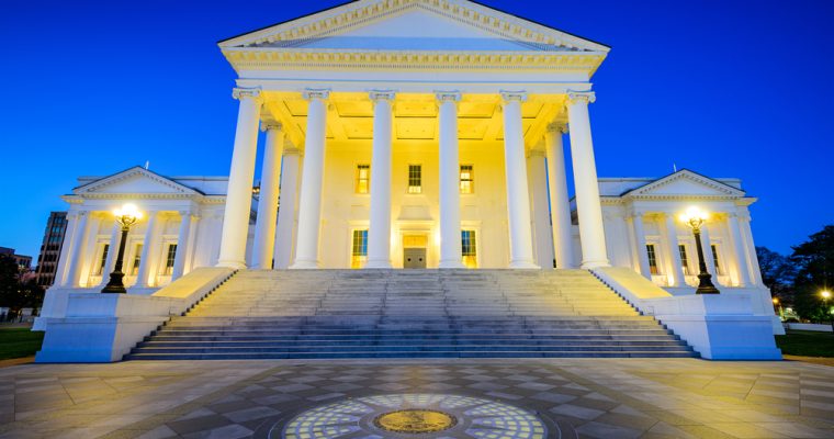 Night view of Virginia State Capitol in Richmond, Virginia, USA.