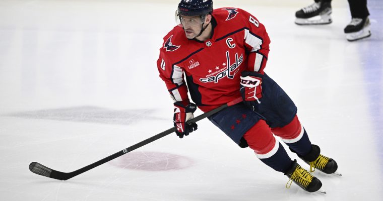 Washington Capitals player Alex Ovechkin goes up against the Pittsburgh Penguins in an April 2024 game