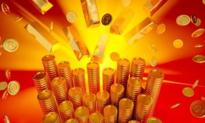 stacks of coins with more coins and gold bars falling around them