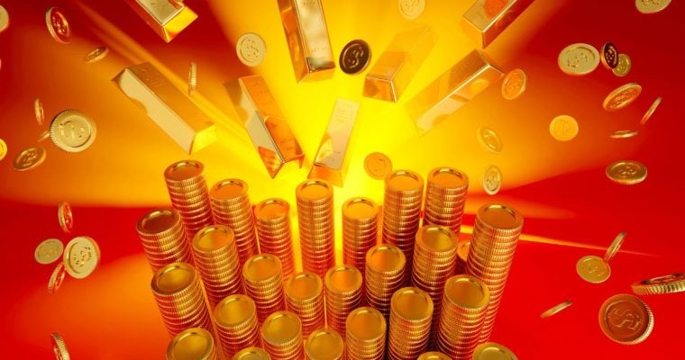 stacks of coins with more coins and gold bars falling around them