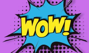 a yellow wow illustration on a blue and purple background