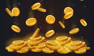 a collection of gold coins falling on a black background