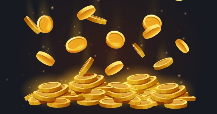 a collection of gold coins falling on a black background